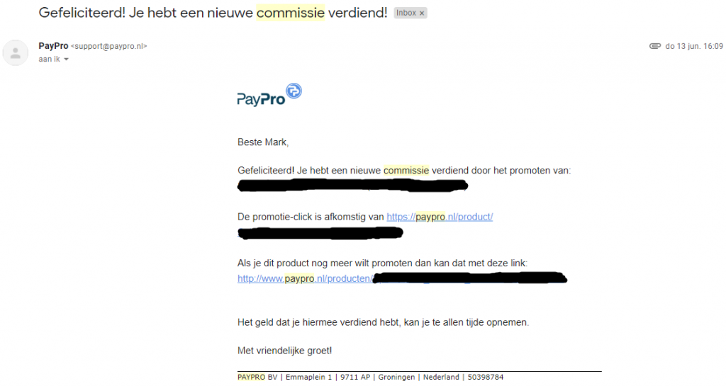 PayPro commissie verdiend